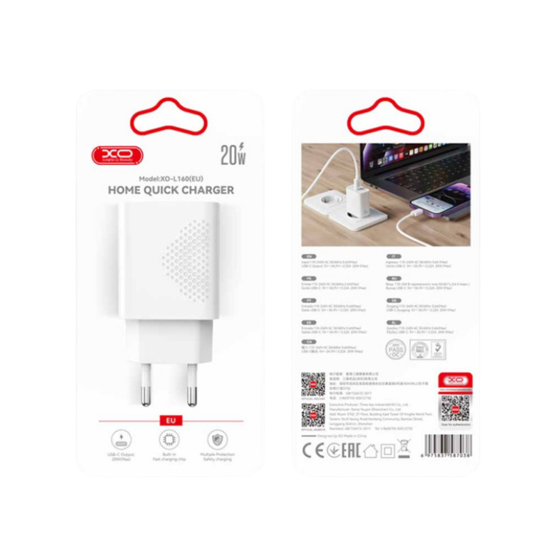 Kucni punjac XO L160 USB-C 20W fast White - glava