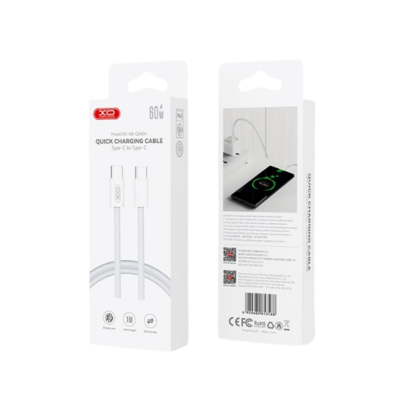 USB kabal XO NB-Q260A USB-C to USB-C 60W pleteni White